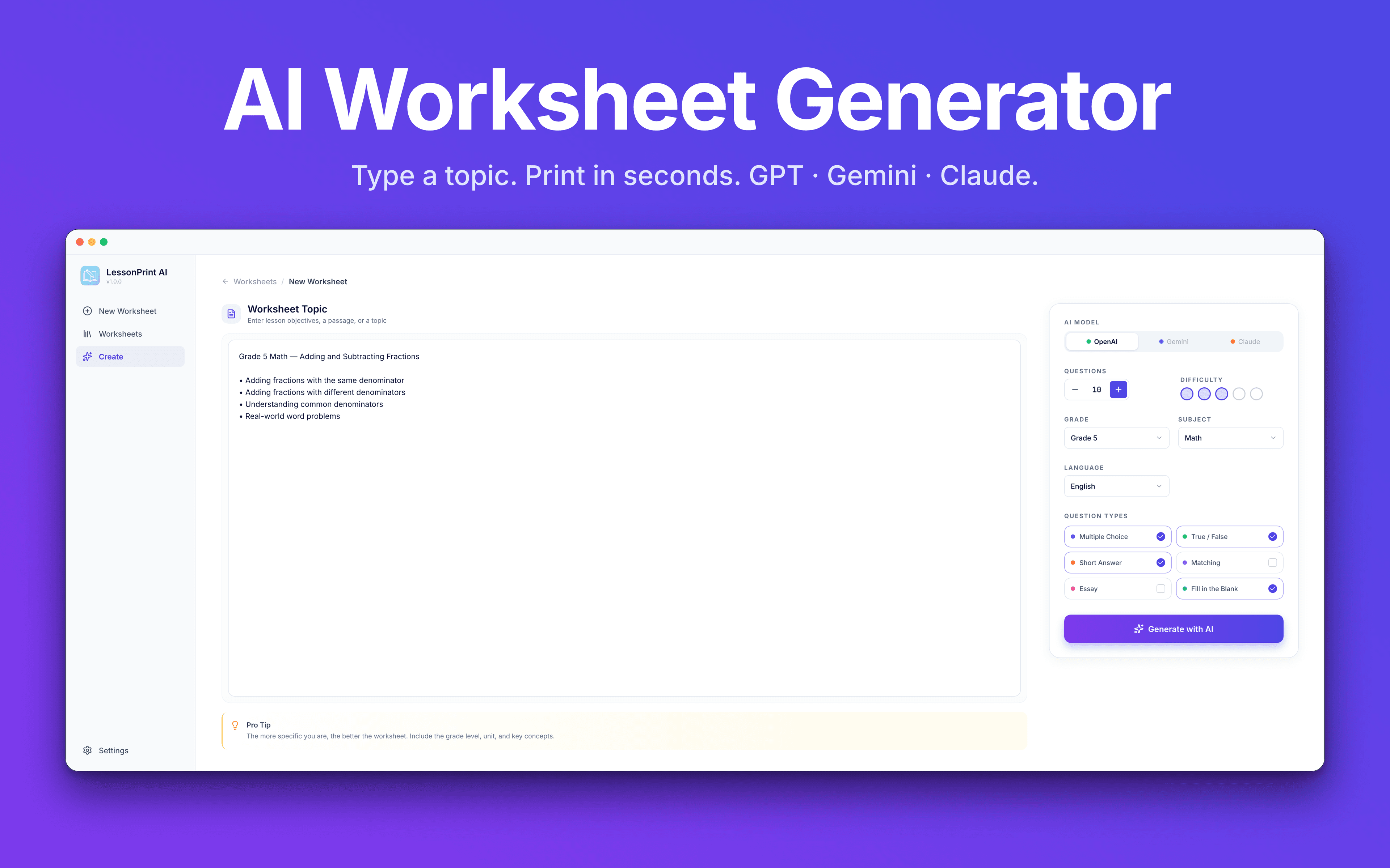 LessonPrint - AI Worksheet Generator for Mac